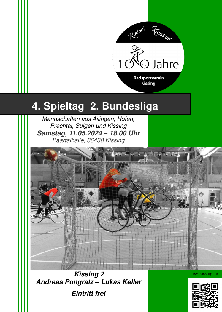 Flyer zum 4. Spieltag der 2. Radballbundesliga in Kissing am 11.05.2024 in der Paartalhalle.