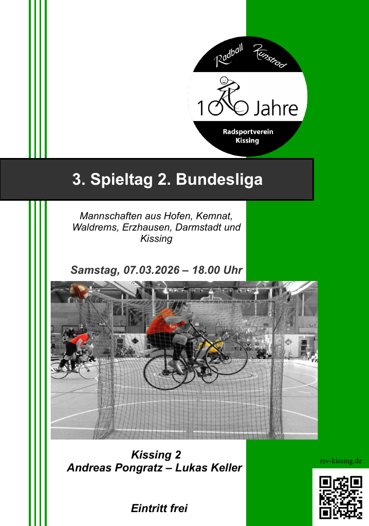Flyer zum 3. Spieltag der 2. Bundesliga im Radball in Kissing am Samstag 07.02.2026 (18.00 Uhr) in der Paartalhalle.